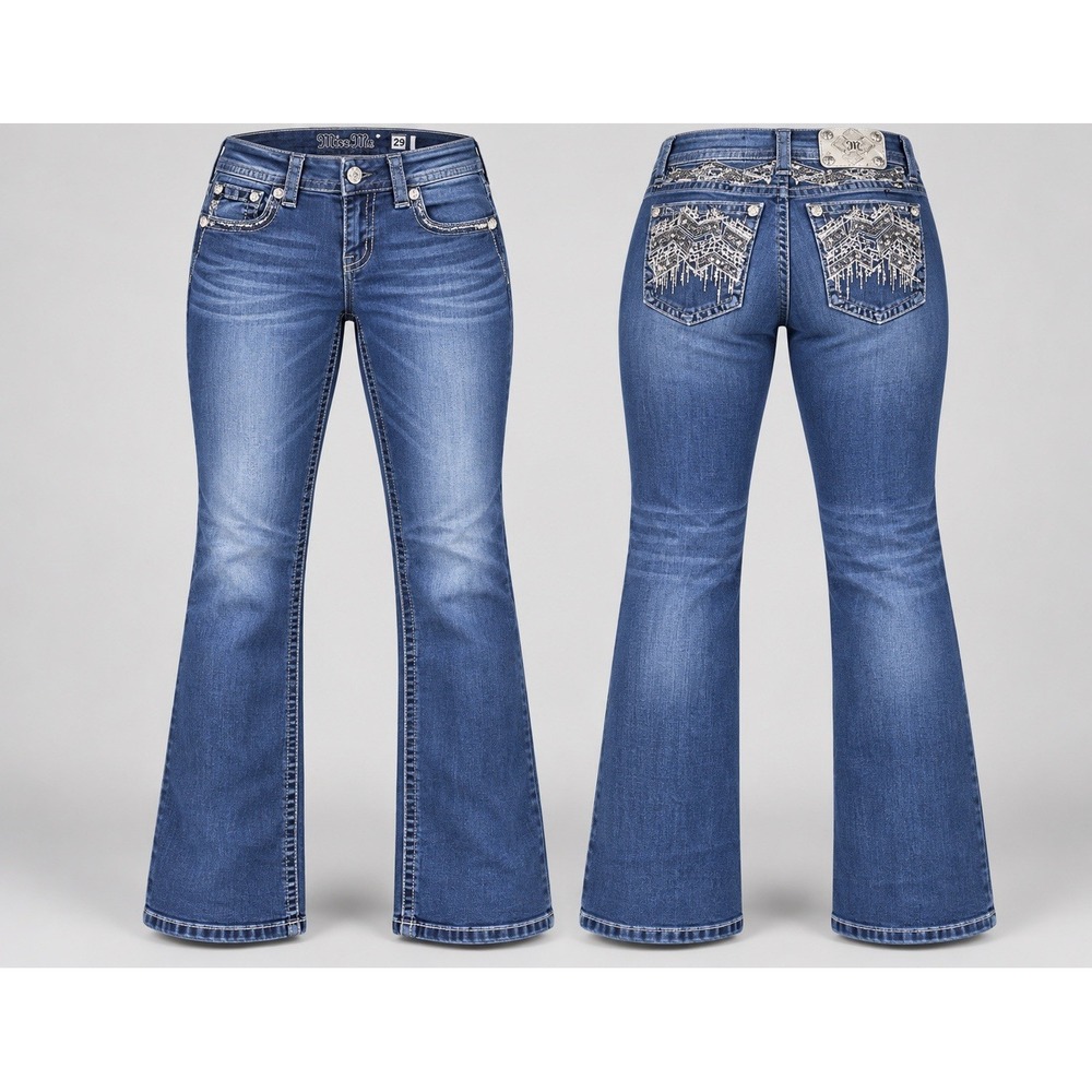 MISS ME JEANS womens 29x28 boot Mid-Rise sequins zig zag Aztec rhinestones y2k